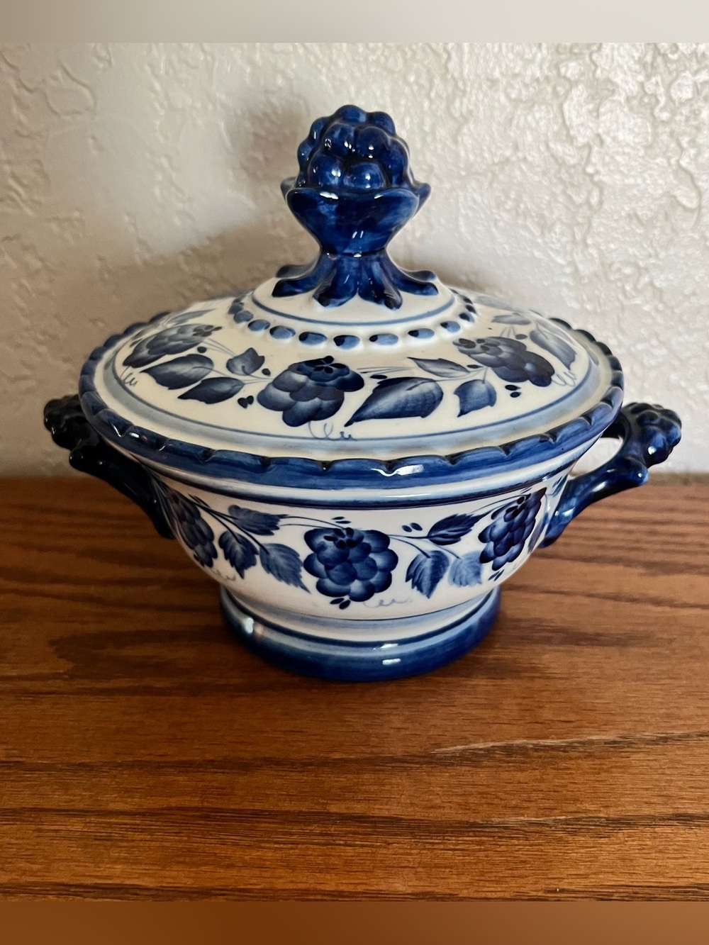 Vintage Blue & White Russian Gzhel Sugar Bowl/Candy Dish